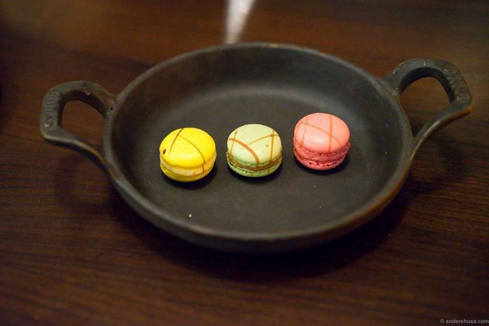 Petits fours. Three different macaron flavors, and just one for each! So hard to choose!