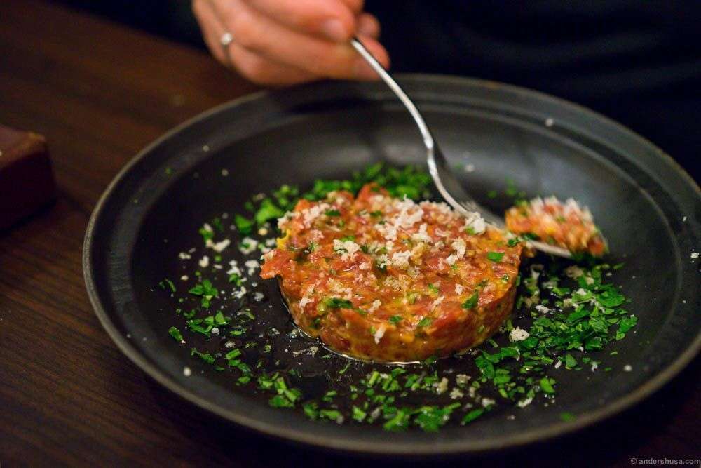 Tartare of beef with horseradish and Dijon mustard. Very classic, and the meat was scraped and not minced.