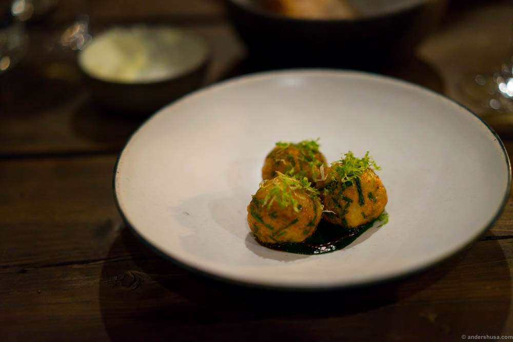 "Frikadeller", small balls, of Pollock, in a sauce of parsley and mussels