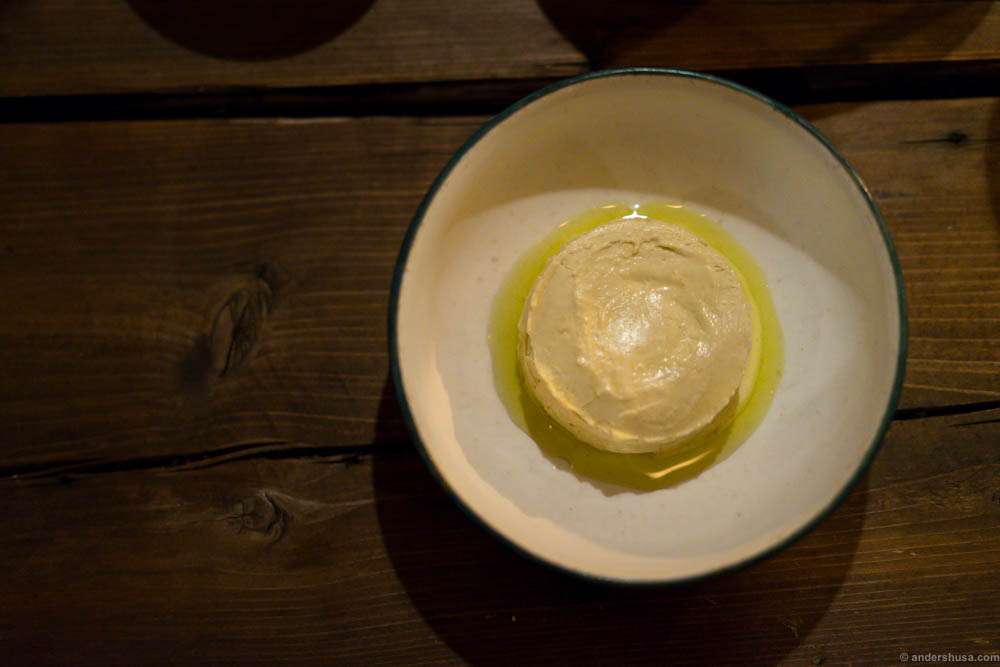 Rausu-kombu ice cream with a cream of toasted barley and oil of the blackcurrant bush branches. Rausu-kombu is a Japanese seaweed.
