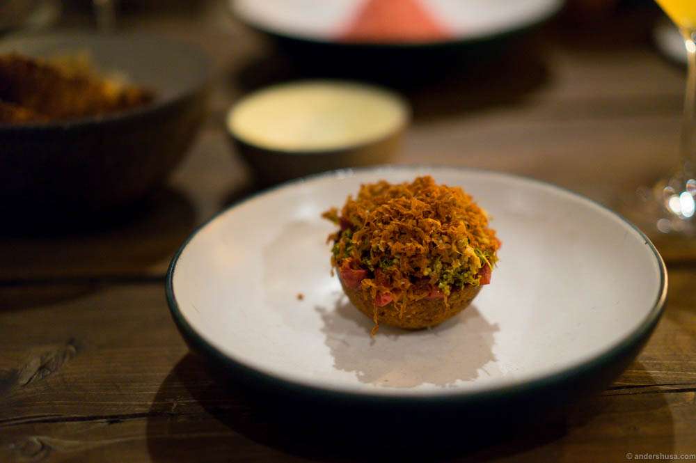 Whey cheese. A cake of hazelnuts with whey cheese and pickled stuff. Very rich! Not to everyone's liking, I can imagine, but I loved it.