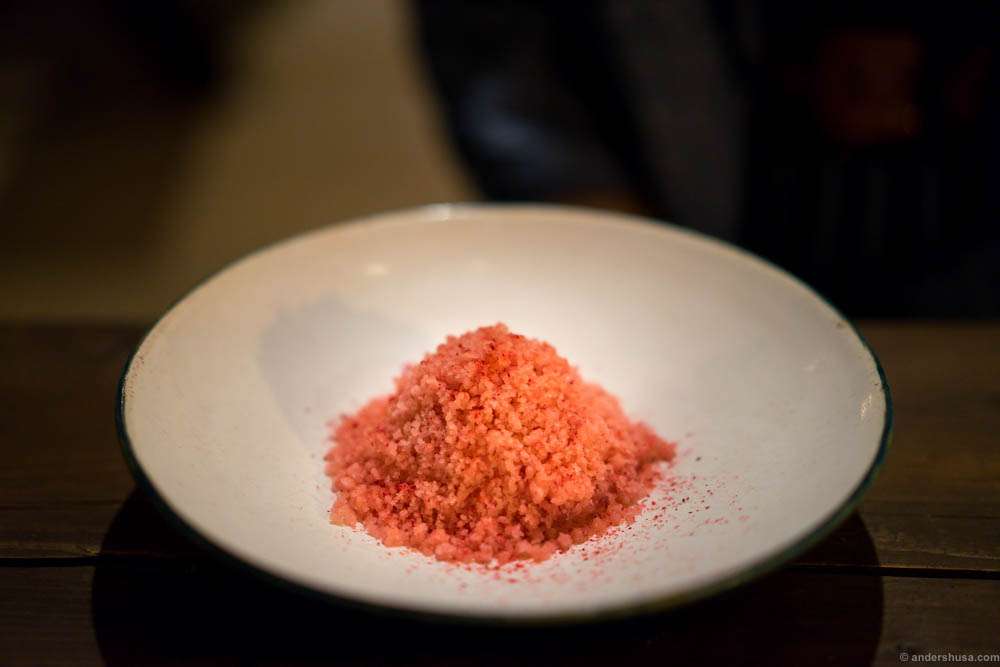 Granité on "hybenroser", Danish roses, picked by the staff last summer, with caramel and vinegar