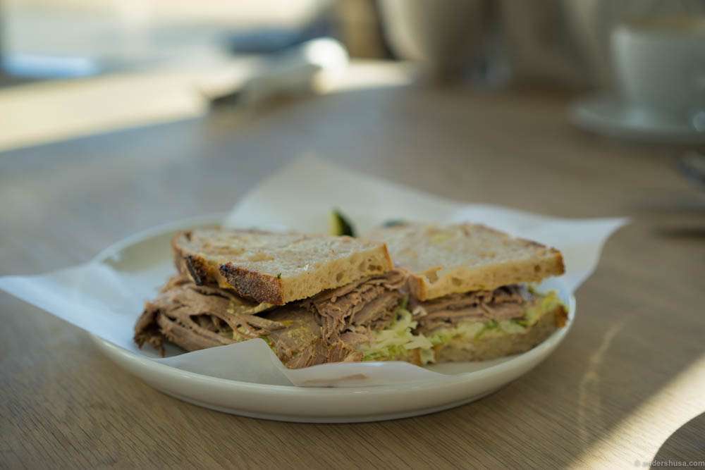 "Katz Deli Tribute". Pastrami on rye bread, mustard & pickled vegetables.