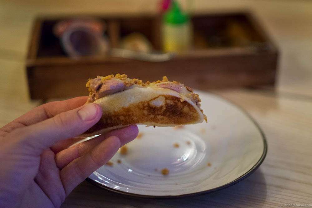 Caramelized bao with chocolate ice cream, lemon curd and corn flakes