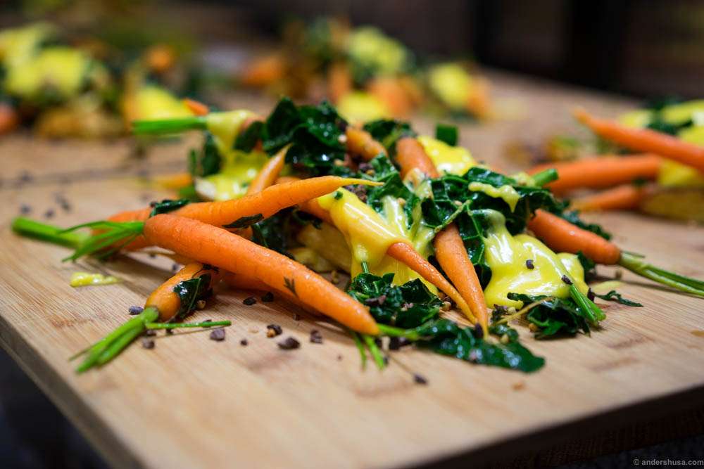 Carrots, potatoes, greens and Béarnaise sauce