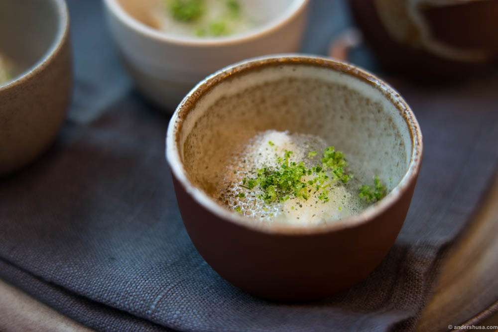 A great palate cleanser of fresh cheese and lime leaf sorbet with lime sugar