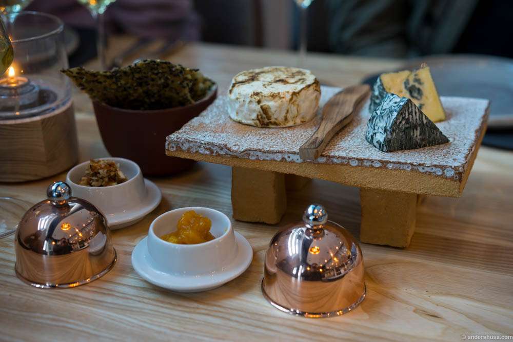 The cheese serving with homemade flatbreads, almonds & honey and apricot jam