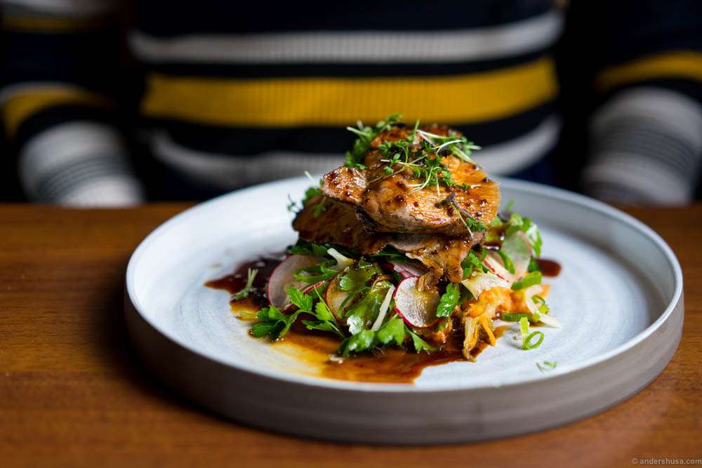 Grilled pork neck, kimchi, browned mustard butter & potato salad