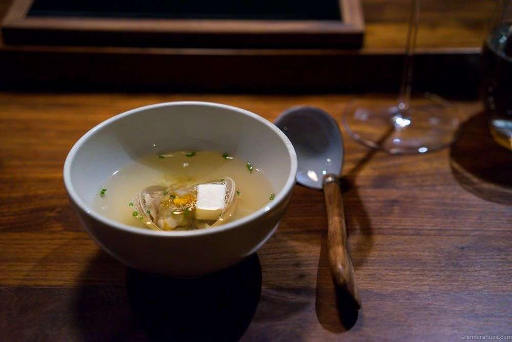 Suimono with tofu and cockle. Suimono is a light, clear Japanese soup typically served as an appetizer.
