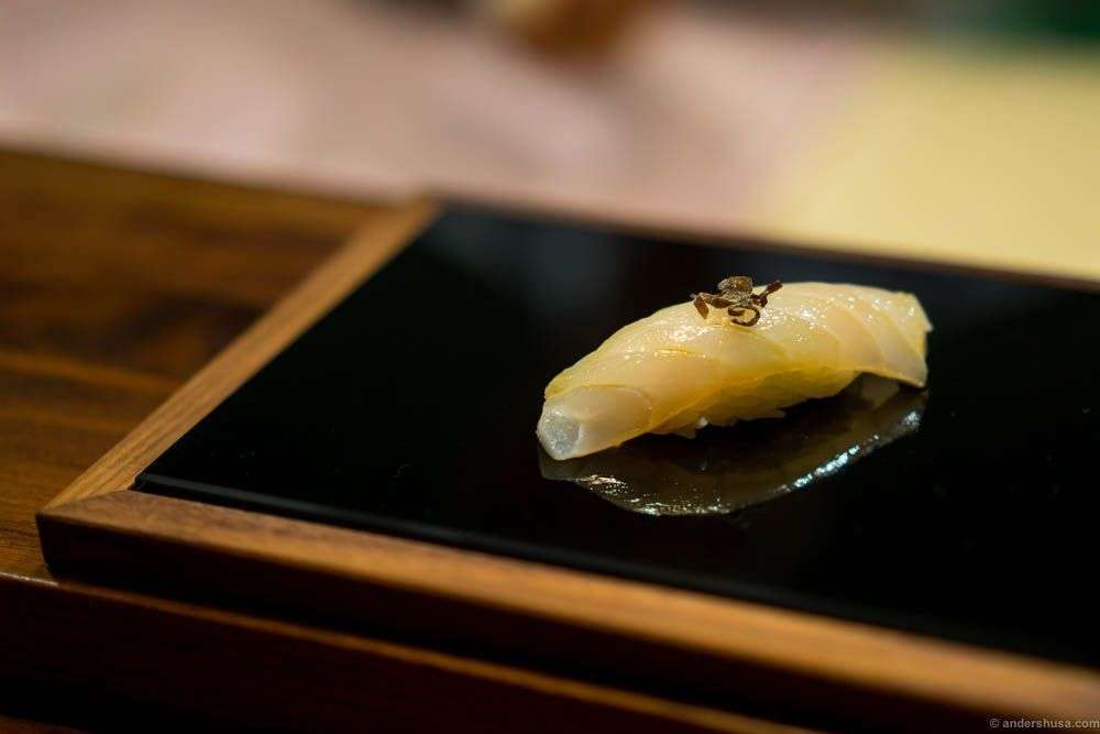 Cod from the Northern Sea with shio kombu. Kombu is a seaweed and shio means it has been boiled in soy sauce and cut into strips