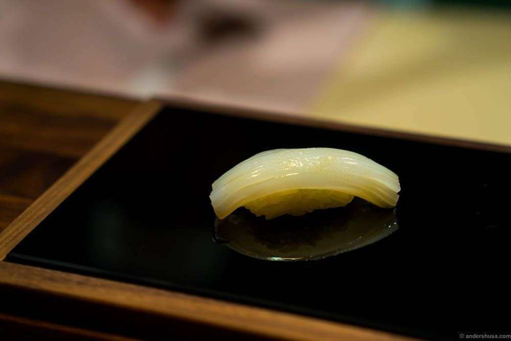 Squid with Himalaya salt and lime. Squid can be quite chewy, but this piece was exceptionally soft to bite