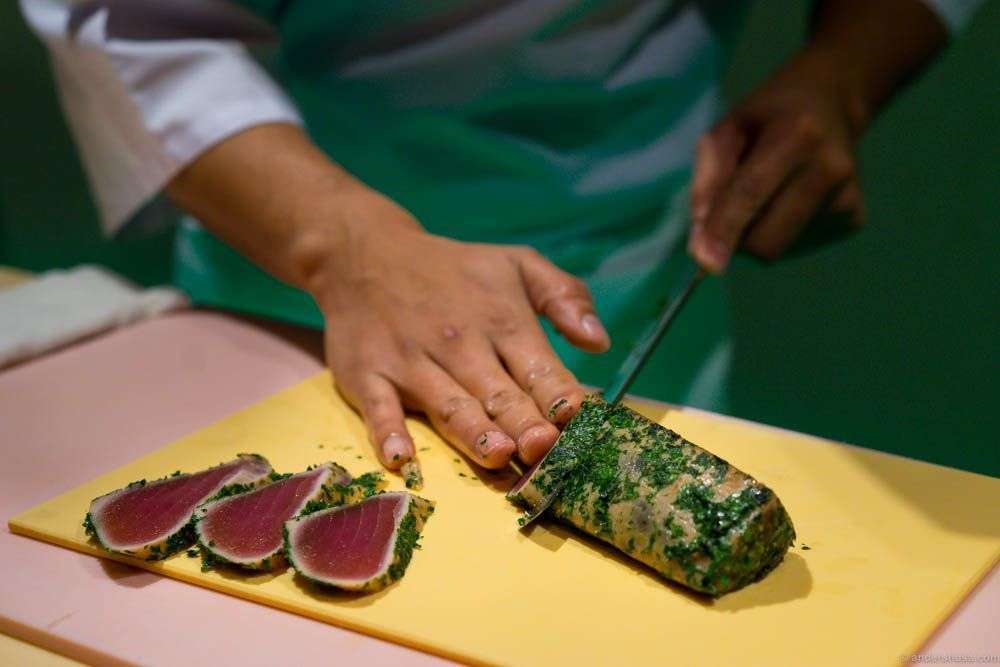 Tataki is Japanese and means that the fish is just slightly seared around the edges, leaving the insider still raw