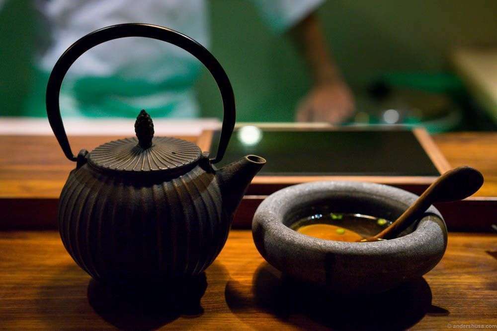 The miso soup consisted of white and brown miso, green peas, Japanaese plum, sansho and daiko.