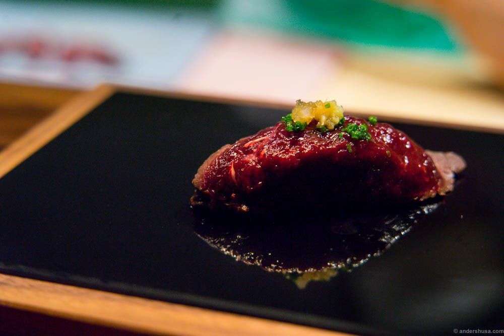 Whale with daikon, leek, chives, ginger and soy sauce