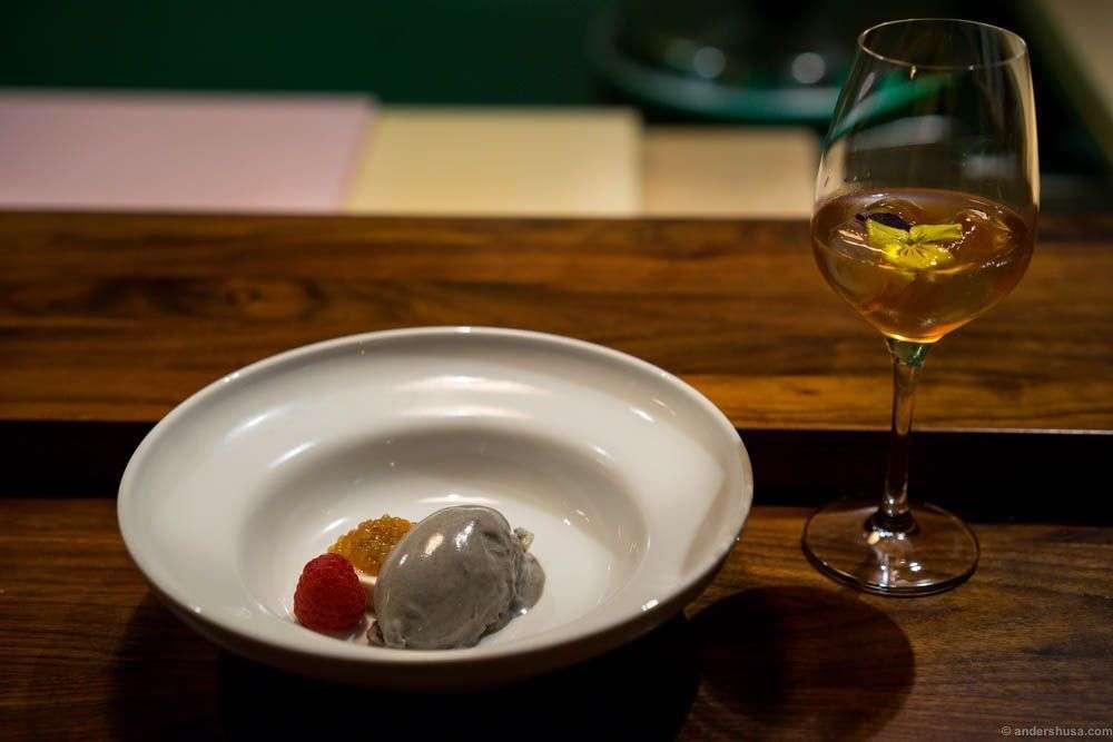 Black sesame ice cream with melon, frozen and fresh raspberries, organic tofu and tapioca marinated in Norwegian and Japanese syrup.
