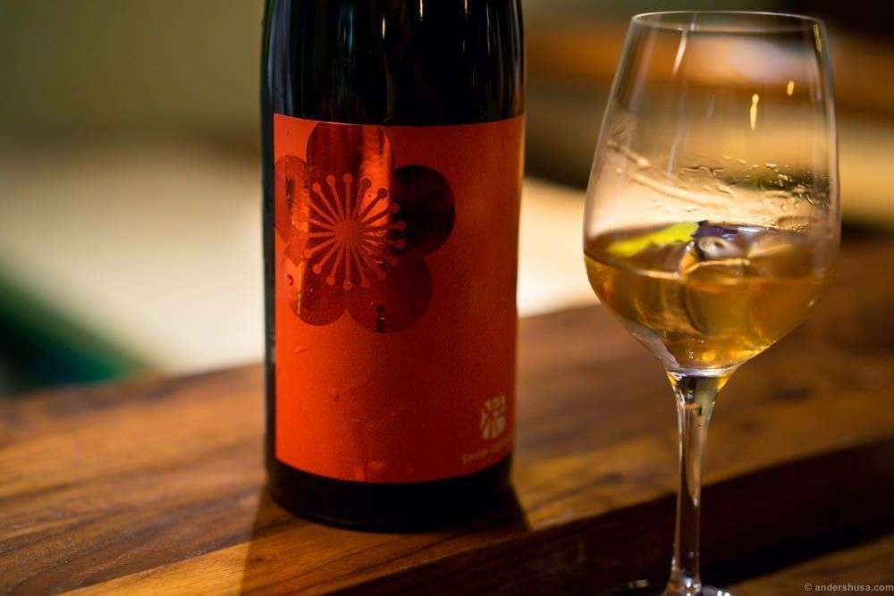 Morinokura, Shiso Umeshu. A sake based plum wine flavored with red basil