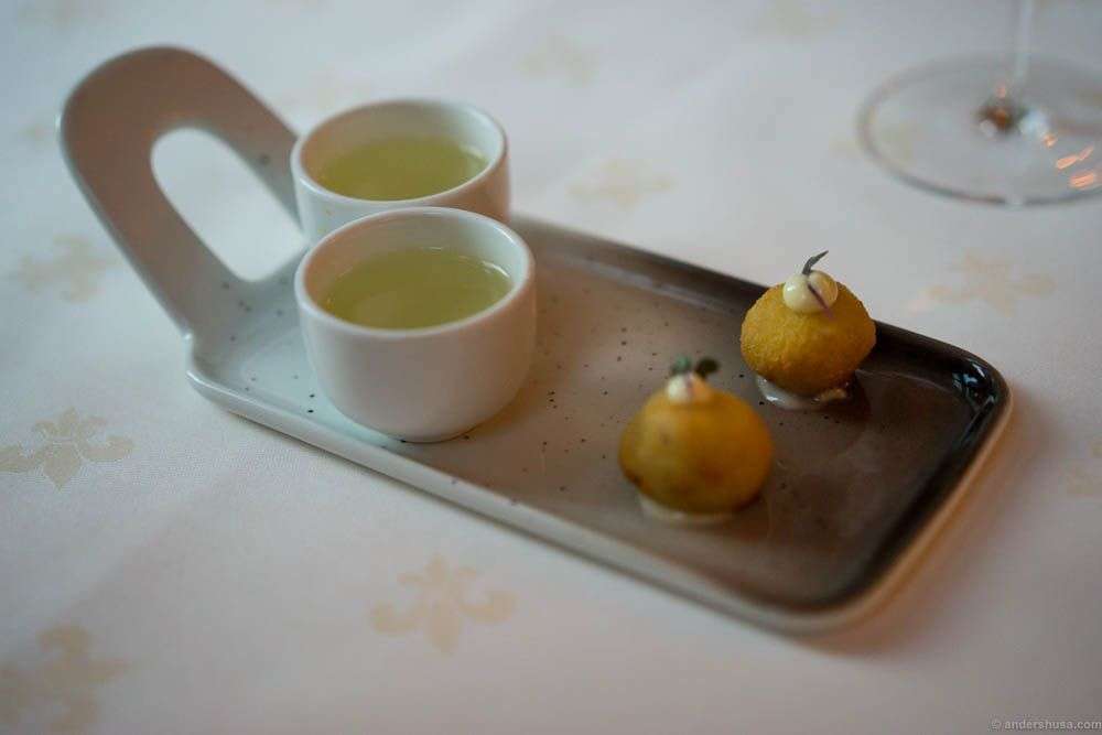 Tomato consommé and clipfish bolinhos.