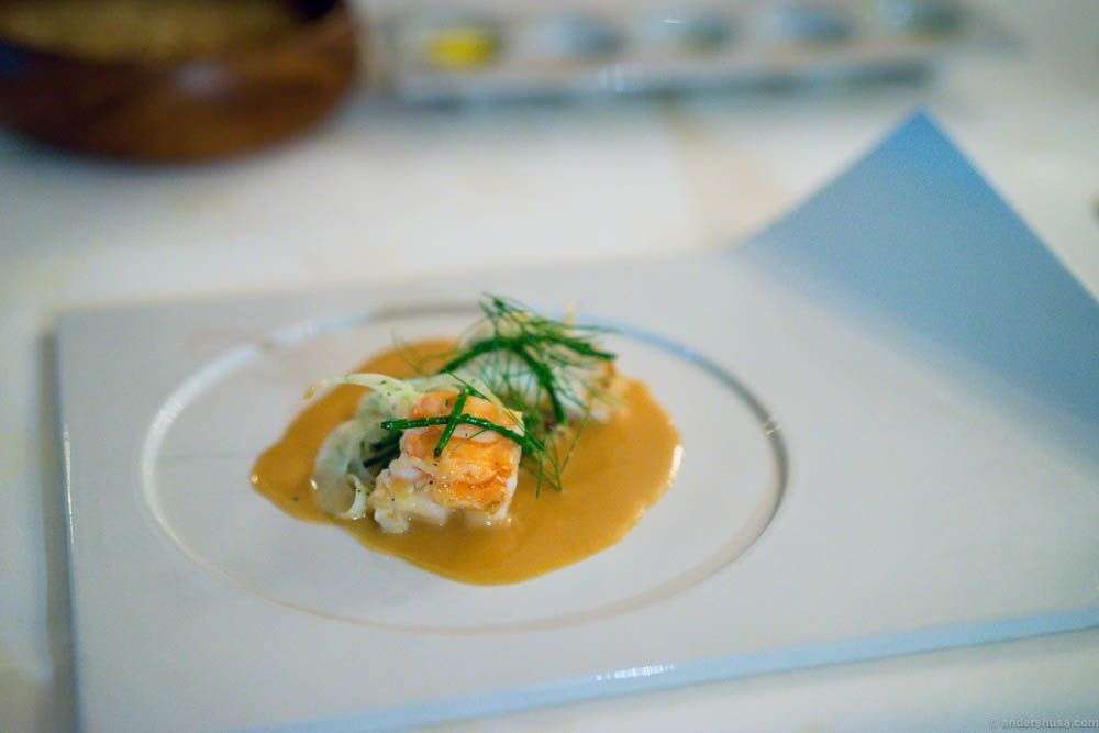 Langoustine from Molde, cabbage, bacon, and fennel. Shellfish butter sauce. So much flavor!