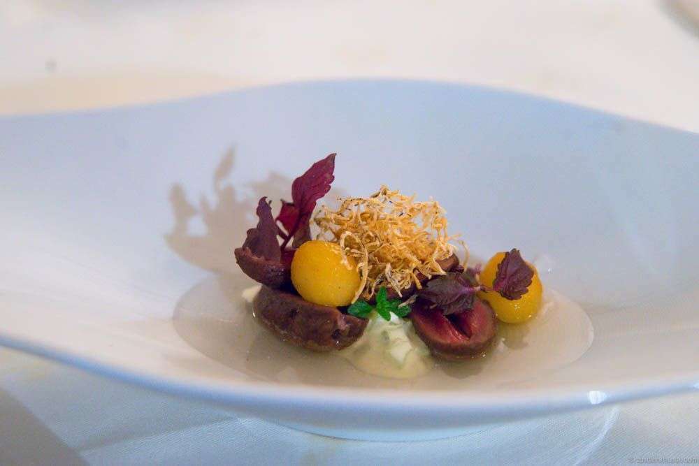 Duck hearts, apple, consommé, and celery. A strange dish and among our least favorites
