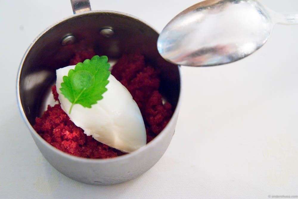 Black currants granita and a "Nyr" fresh cheese sorbet.