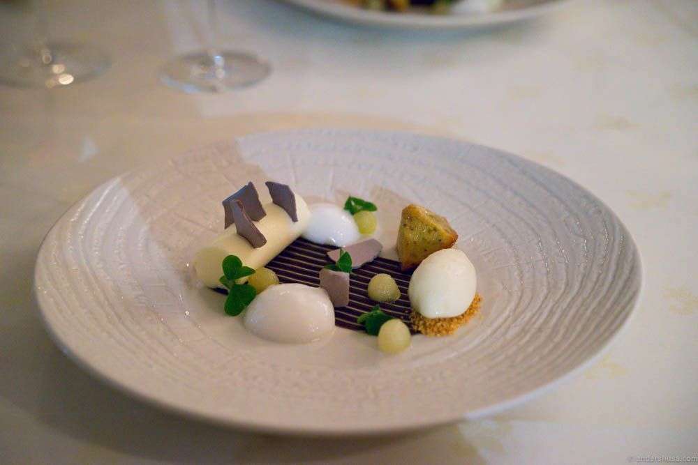 Pear sorbet, bits of pear, yogurt sorbet, meringue, almond, and financier