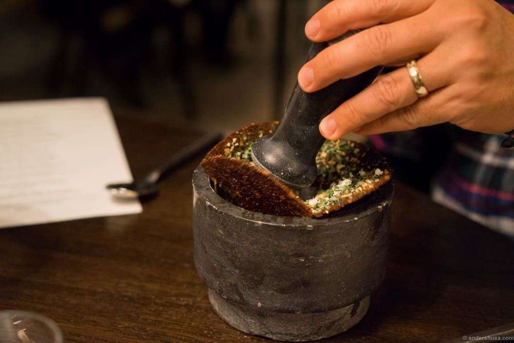 Crush the crispy bread to reveal your onion soup!