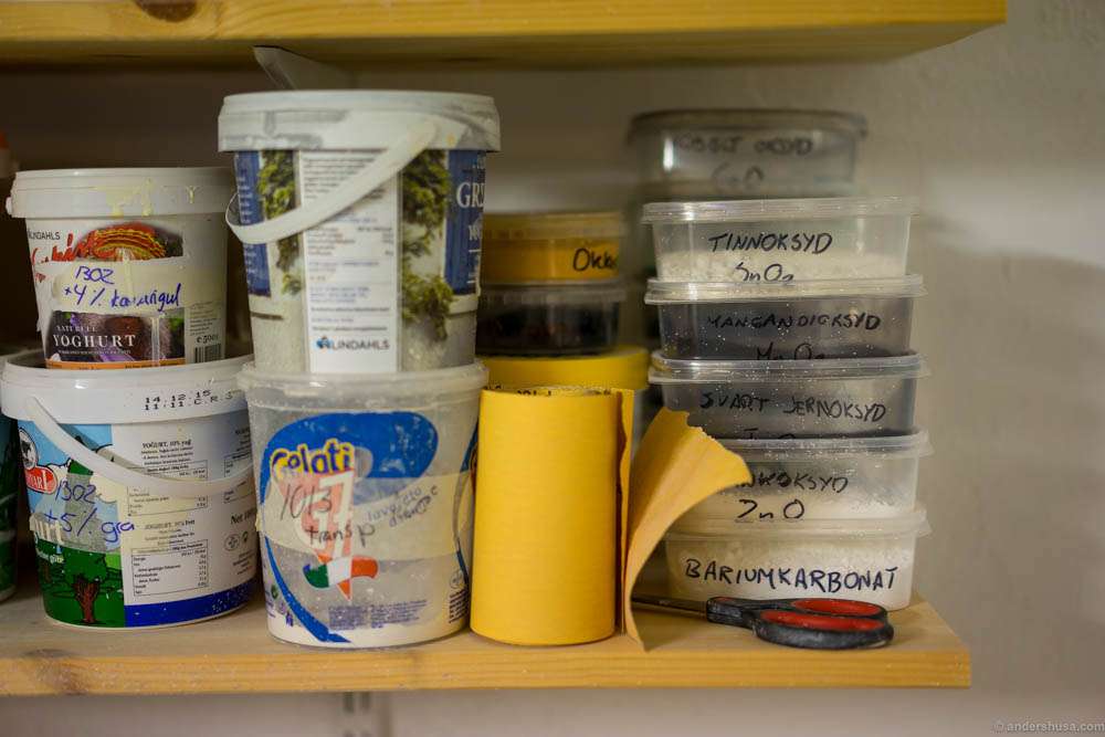 Some of the materials and metal oxides used to color and make patterns on the ceramics