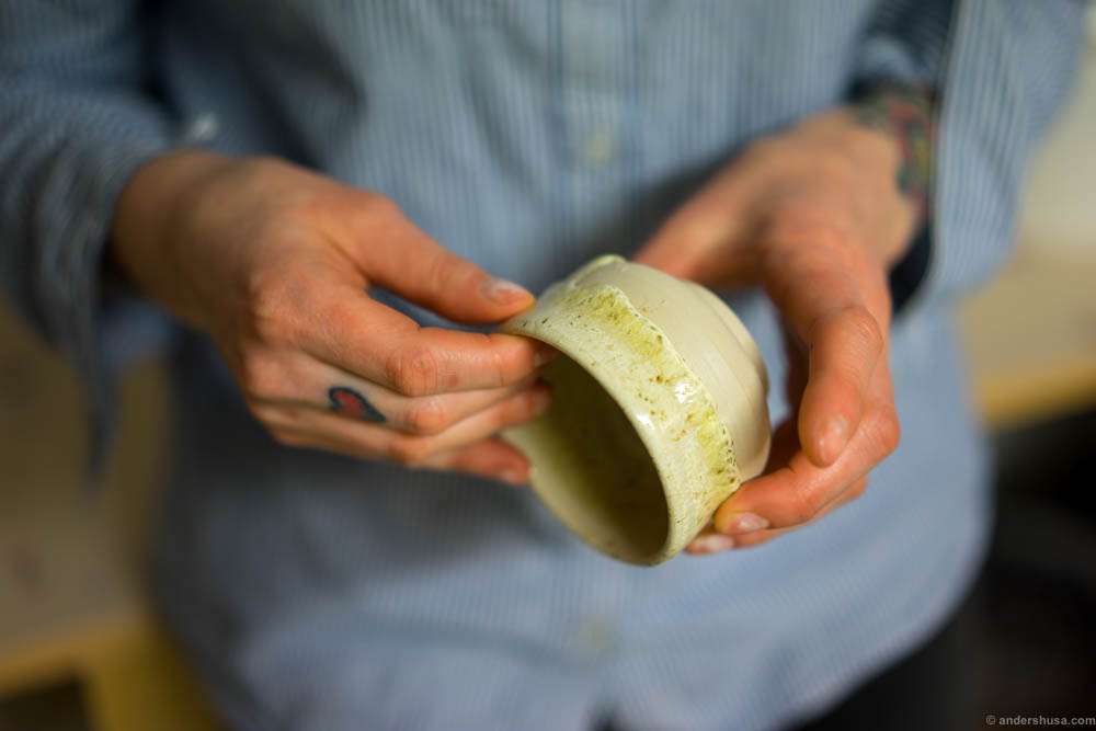 A special technique, where the glaze is burnt at a higher temperature than it can withstand, results in this unique effect