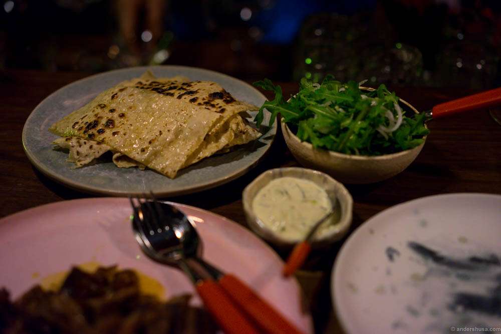 Garlic pancakes, confit lamb and tzatziki. This was heavenly good!