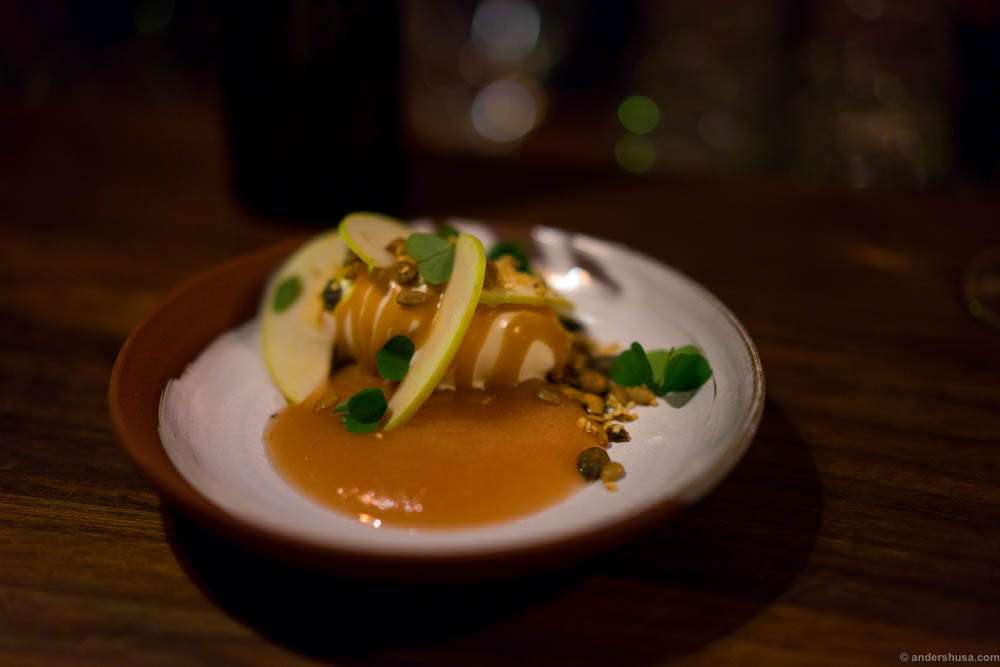 Apple compote, cardamom ice cream made on cardamom from Nepal, caramel sauce, toasted sesame and pumkin seeds & wood sorrel