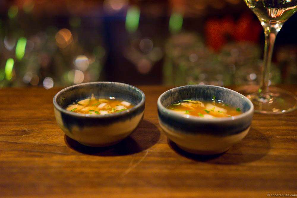 Fermented cabbage soup, chili and coriander