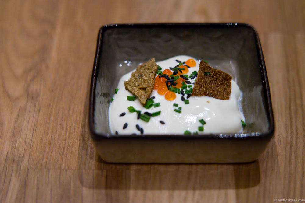 Smoked "Nyr" fresh cheese, trout roe, rye crisp, black sesame and chives. A small teaser to start the meal. Nyr is such a useful ingredient, and smoke just adds to its flavor.
