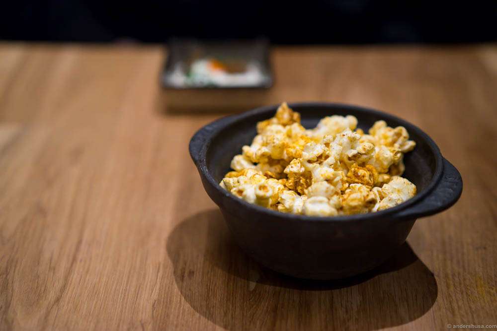 Kimchi popcorn. I would have liked these with more kick from the kimchi, and if possible warmer.
