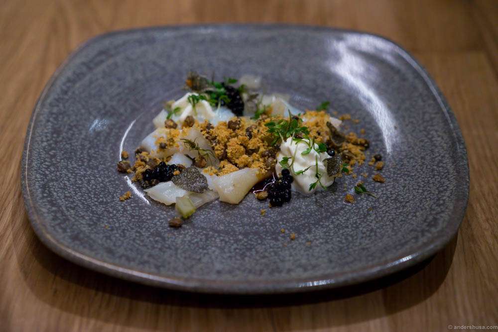 Smoked haddock with fennel "soil", pickled fennel, fried halibut skin and avruga caviar. Make sure you eat all the elements together. Alone they are not that exciting, but united they'll tickle all your taste buds.