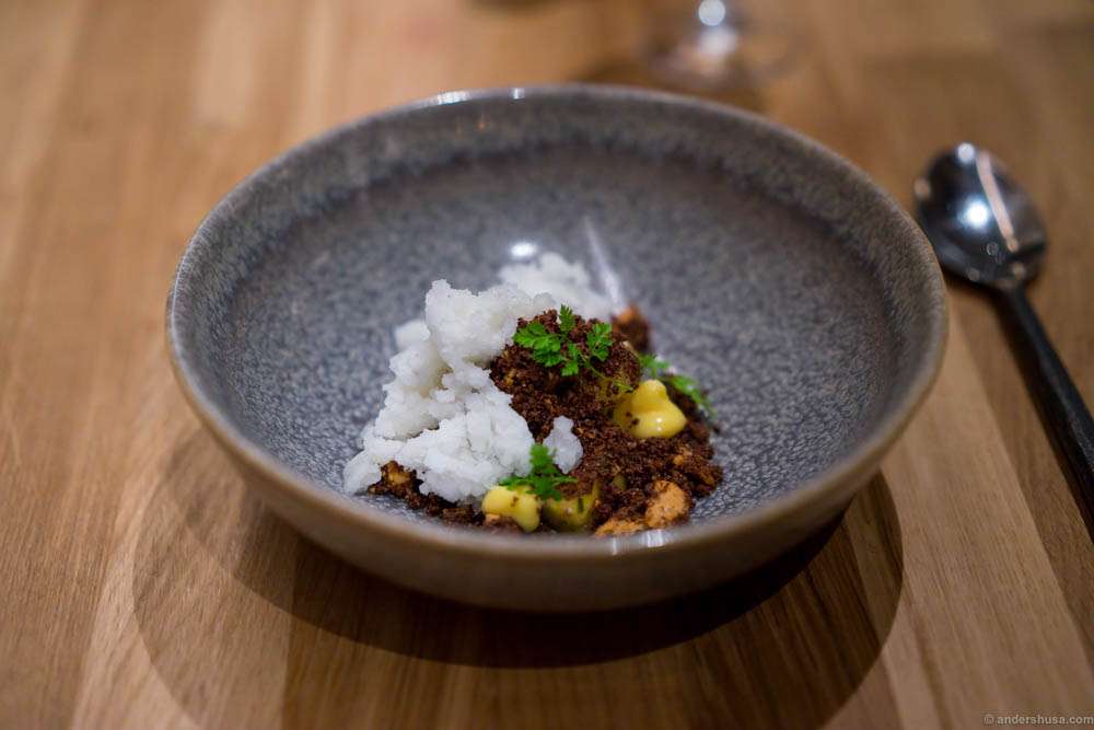 White soy curd with yuzu granita, exotic fruits and chocolate "soil". A great dessert and quite spicy! I only wished it had more of the creamy curd.