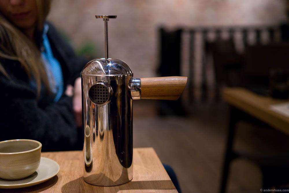 The coffee is brewed in these beautiful French presses, inherited from Kolonihagen