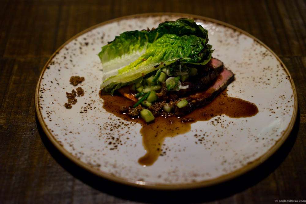 Picanha. Rump steak, smoked cucumber salsa, piquillo-almond puree, spicy anchovy sauce, griled little gem salad and puffed quinoa.