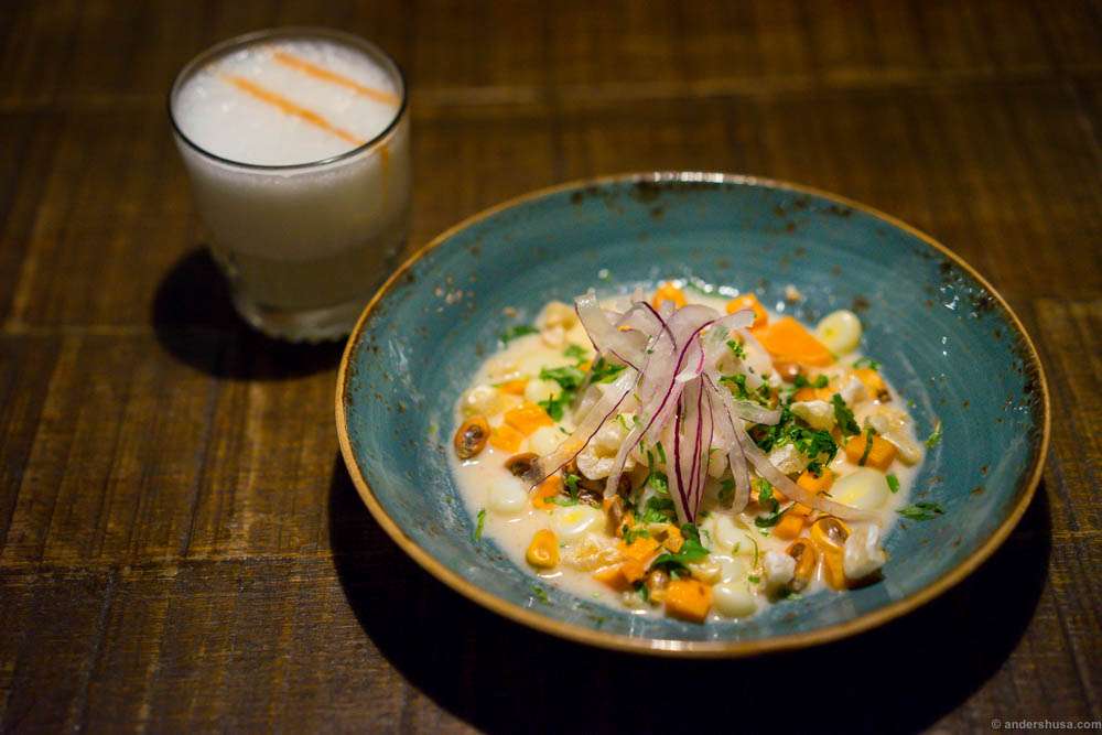Pisco Sour & Ceviche Miraflores! Roughhead grenadier, red onion, leche de tigre, choclo, puffed pork rind, sweet potato and coriander.