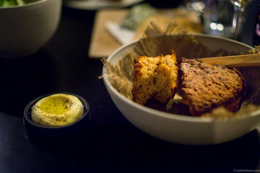 This bread! Similar to the classic bread from Kadeau and Pony. Crispy crust outside and a luke warm center. Served with a whipped buttermilk cream topped with an oil. To die for!