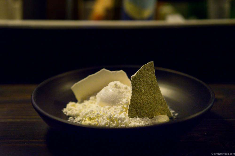 Sorbet of gherkins, meringue and frozen milk. So delicate and tasty, and it looks like a winter landscape.