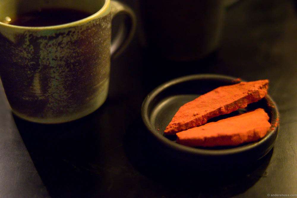 Silly good petit four to the coffee. Chocolate-dusted with freeze-dried raspberry powder