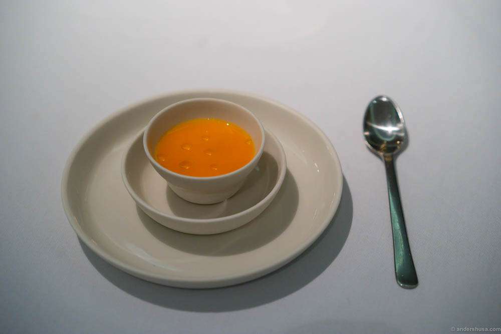 Lobster milk and fermented carrot juice. You break the thin film on top to reveal the goodies underneath