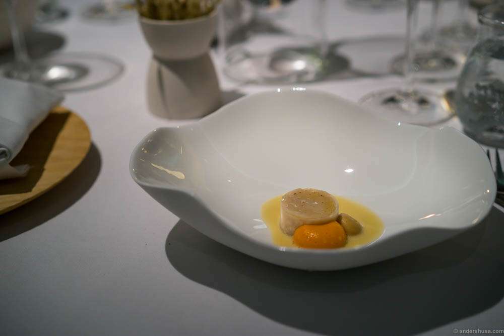 Scallop, scallop roe and sour berries. One of the very few dishes that weren't too interesting