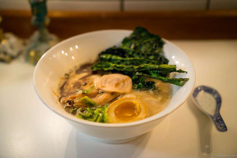A delicious broth, with charcoal cooked wild boar belly where the fat was as tender as the meat, blackened garlic, roasted kale, Jerusalem artichoke, shio-koji, cep oil, pickled pearl onions, marinated egg and noodles on organic Ølands wheat from Bornholm.