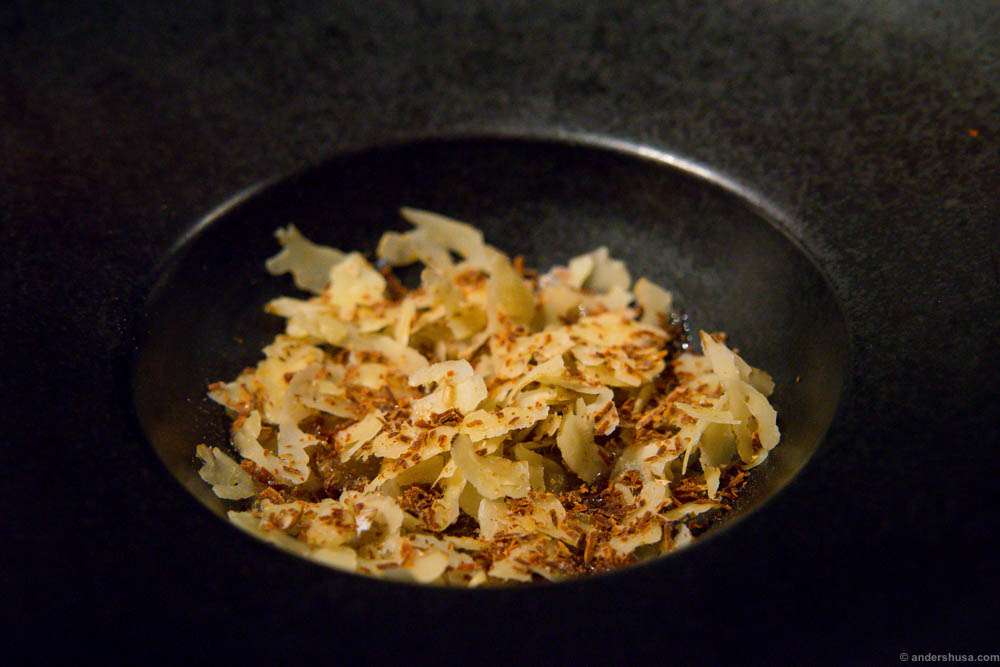 Langoustine, walnuts, seaweed and salted scallop roe.