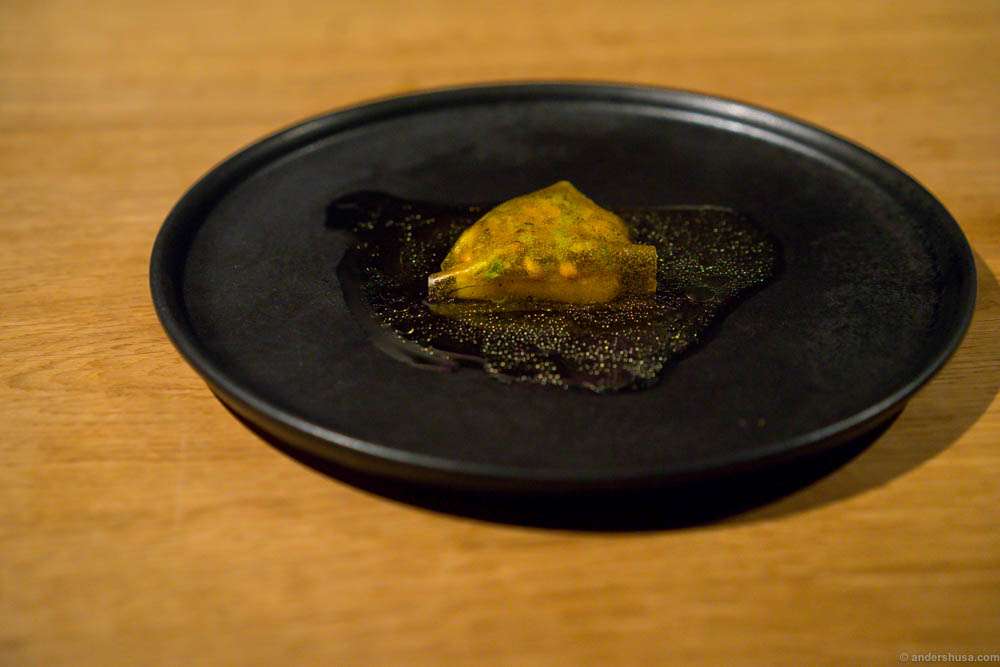 Pickled pumpkin, garlic, sunflower seeds and cheese fat. My least favorite dish of all the servings, but others at the table praised it.