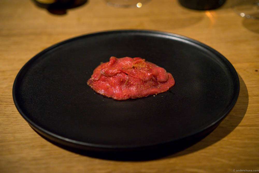 Matured raw sirloin, "Havgus" cheese, new and preserved mushrooms. One of the best new dishes of the Kadeau kitchen!