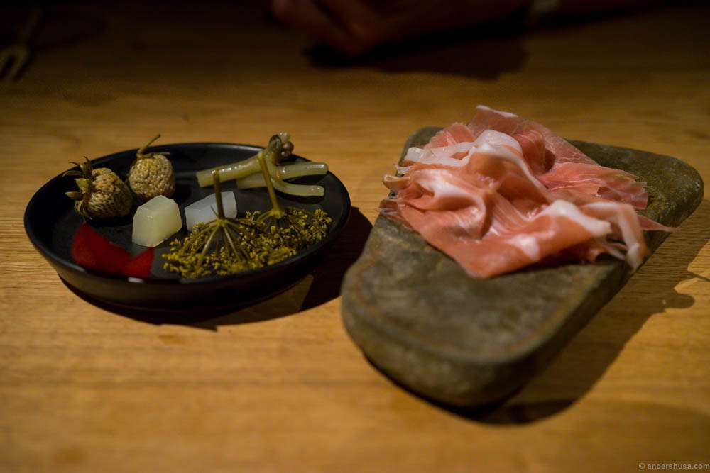 Wolly pig ham and pickles. Some green, unripe strawberries and fennel flowers in there at least