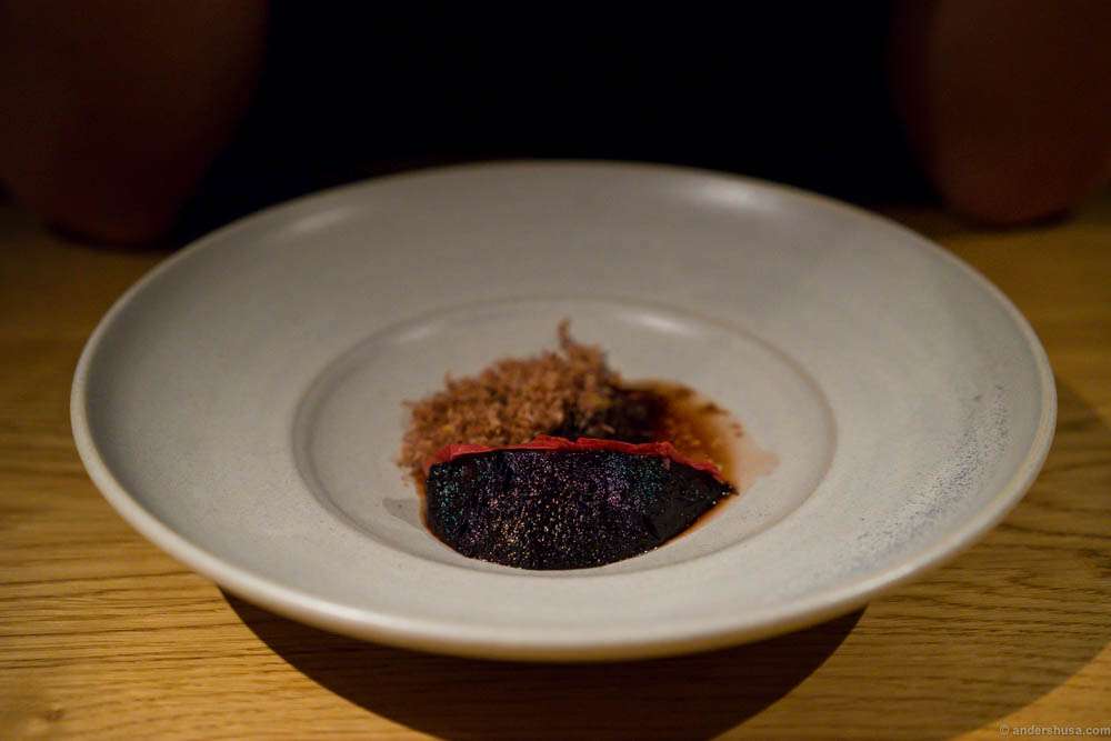 Ember baked beetroot, grilled blue cheese, beach rose and shaved lamb heart