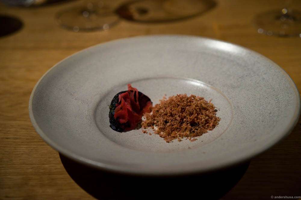 Ember baked beetroot, grilled blue cheese, beach rose and shaved lamb heart.